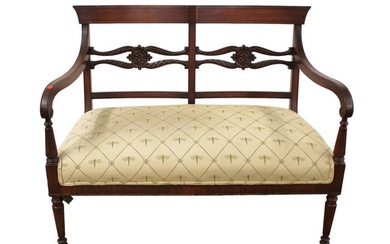 Sheraton style upholstered bench in solid mahogany