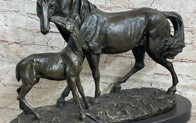 Signed Original Horse & Foal Bronze Sculpture On Marble Base - 12" x 16"