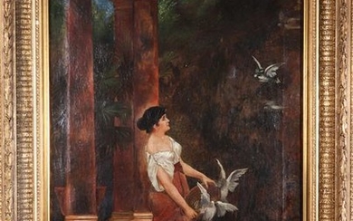 Signed "Woman Feeding Birds" Oil on Canvas, 19th C