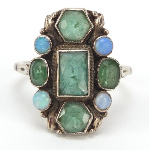 Silver ring set with emeralds and opals, size K, 4.0g