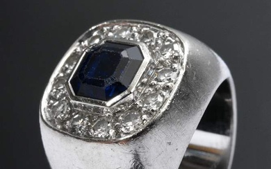 Solid white gold 750 ring with faceted sapphire in diamond octagonal bezel (total approx. 0.50ct/VSI-SI/W-TCR), 15,8g, size 48