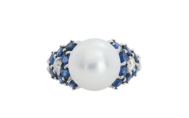 South Sea Pearl, Sapphire and Diamond Ring