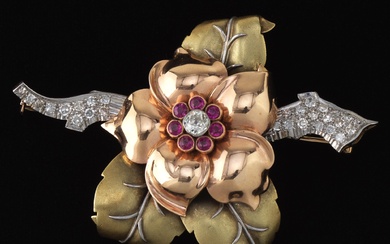 Spectacular Retro Tri-Color Gold, Diamond and Ruby Floral Pin Brooch