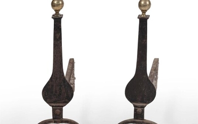 PAIR OF IRON KNIFE BLADE PENNY FOOT ANDIRONS...