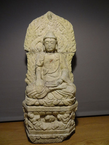 Stele - white creamy limestone with Inscription on - Seated Buddha With Dragons and Flaming Fire- China - Ming Dynasty (1368-1644)