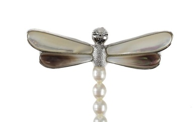 Sterling Silver Pearl MOP FW Pearl Dragonfly Brooch Pendant marked LUC and 925