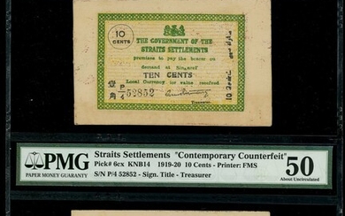 Straits Settlements, an identical pair of contemporary counterfeit 10 cents, 1919-20, serial nu...