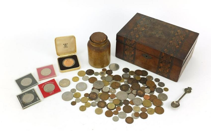 Sundry items including inlaid box and British coinage