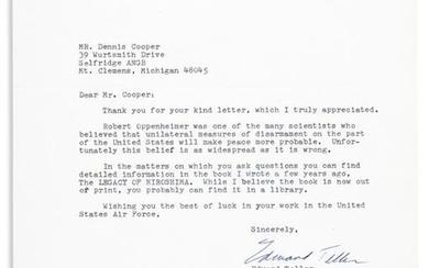 TELLER, EDWARD. Typed Letter Signed, to Dennis Cooper