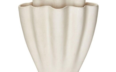 THE ANDREW WEAVING COLLECTION, Gerard de Witt (1884-1976) for Fulham Pottery, 'Coralie' Flower vase with fluted rim and graduated stem holder, circa 1940, Glazed earthenware, Underside impressed stamp 'DE WITT DESIGN/FULHAM POTTERY/MADE IN...