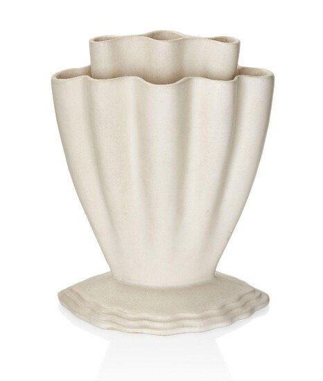 THE ANDREW WEAVING COLLECTION, Gerard de Witt (1884-1976) for Fulham Pottery, 'Coralie' Flower vase with fluted rim and graduated stem holder, circa 1940, Glazed earthenware, Underside impressed stamp 'DE WITT DESIGN/FULHAM POTTERY/MADE IN...