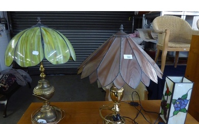 THREE TIFFANY STYLE TABLE LAMPS WITH RESIN SHADES, (1 SHADE ...