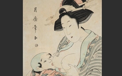TSUKIMARO (1794-1836) Estampe oban tate-e représentant une mère en buste, allaitant son enfant. (Insolée, rousseurs, légères u...