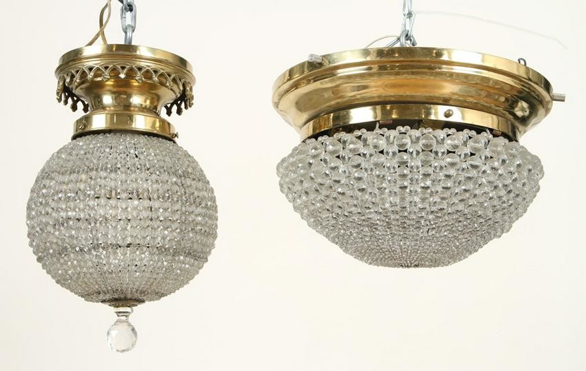 TWO BRASS CRYSTAL CEILING MOUNT LIGHT FIXTURES
