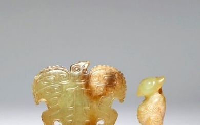 TWO CHINESE ARCHAISTIC YELLOW JADE 'BIRD' PENDANTS PROBABLY QING DYNASTY...