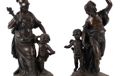 TWO FINE FRENCH BRONZE GROUPS: VENUS AND CUPID AND MINERVA AND CUPID, THIRD QUARTER 19TH CENTURY, GRAUX-MARLY FOUNDRY Overall heights: 16 1/8 in. (41 cm.) and 16 in. (40.6 cm.)