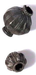 TWO RIBBED SILVER BEADS DECORATED WITH TWISTED WIRES