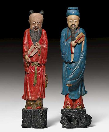 TWO STANDING SOAP STONE DAOIST FIGURES.