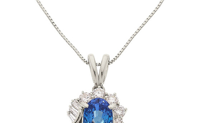 Tanzanite, Diamond, Platinum Pendant-Necklace The pendant features an oval-shaped...