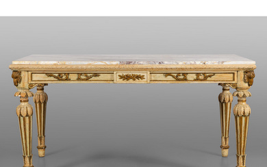 Tavolo Luigi XVI da centro in legno intagliato, laccato e dorato, gambe...