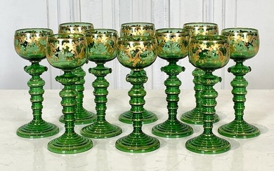 Ten Moser Green Glass Goblets