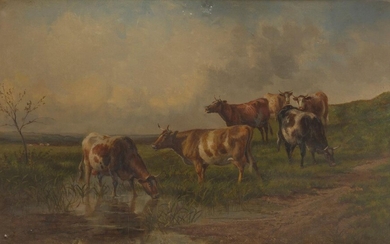 Thomas Sidney Cooper, RA, British 1803-1902- Cattle in a meadow; oil on panel, signed 'T Sidney Cooper RA' (lower left), 29.6 x 48.2 cm. Provenance: Private Collection, UK. Note: The present work is a particularly charming example of the cattle...