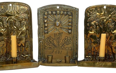 Three Continental Brass Repouss‚ Wall Sconces