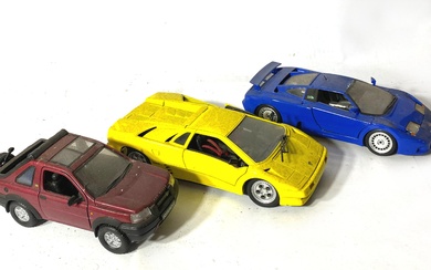 Three Custom Diecast Model Cars, 1/18 & 1/24 Scale Bugatti, Lamborghini, Landrover Freelander