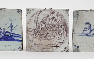 Three Dutch Delft tiles, 18th century, to include one painted in manganese...