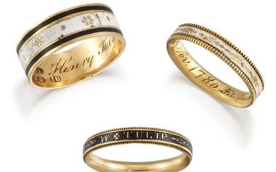 Three George III gold and enamel mourning rings for the...