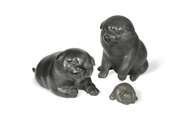 Three Japanese bronze puppy dogs, late 19th/early 20th century