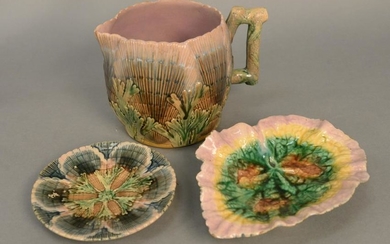 Three Majolica pieces to include large pitcher, leaf
