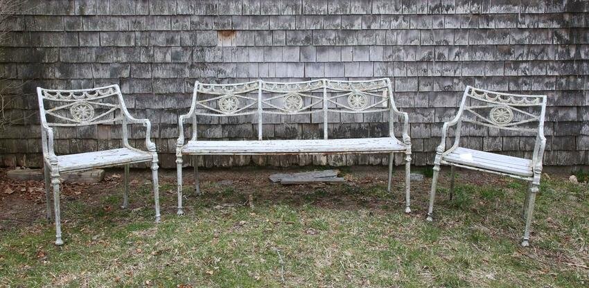 Three Piece Suite of Grey Painted Cast Iron Classical Garden Furniture, 19th Century