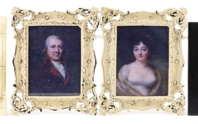 Three pairs of portrait miniatures including a pair housed i...