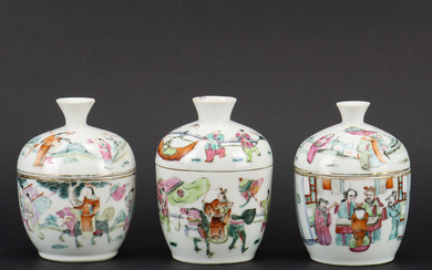 Three porcelain bowls with lids, Qing dynasty, China, second half of the 19th century, and early 20th century.