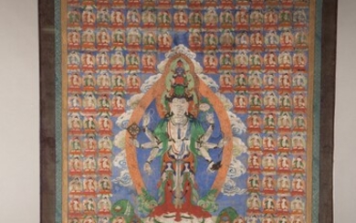 Tibet, XIXe siècle Thangka à l'encre et polychormie, représentant Ekâdashamuka-Avalokitehvara à huit bras et onze...