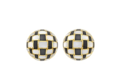 Tiffany & Co. Pair of Gold, Mother-of-Pearl and Black Jade Checkerboard Bombé Earrings