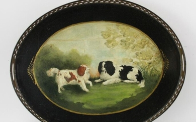 Tole Hand Painted Oval Tray with Dogs