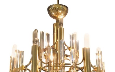 Tommi Parzinger Style Brass Chandelier Cylindrical Lights Crystal Prisms