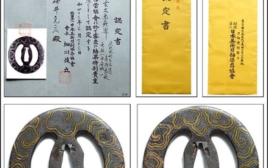 Tsuba large Iron - Sukashi Katana guard - Kumo design NBTHK paper - Heianjo school - Early Edo period