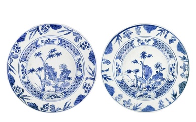 Two Chinese export blue and white porcelain shallow bowls, 18th century