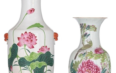 Two Chinese famille rose 'birds and flowers' vases, one paired with Fu lion handles, both with signed texts, H 44 - 59 cm