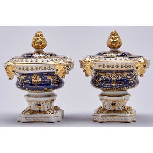 Two Derby cobalt ground pot pourri vases and later matching ...