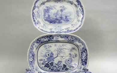 Two Staffordshire Blue-Printed Oval Platters, Two