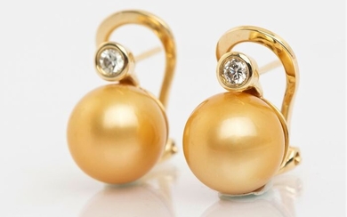 United Pearl - 10x11mm Deep Golden South Sea Pearls - 14 kt. Yellow gold - Earrings - 0.12 ct
