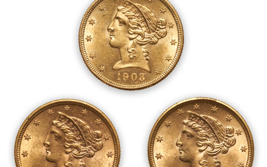 United States Three Liberty Head $5 Half Eagle Gold Coins.