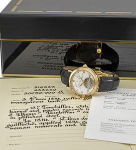Vacheron Constantin. A very fine and rare 18K gold twin barrel tourbillon wristwatch with power reserve, Certificate of Origin and box, SIGNED VACHERON CONSTANTIN, GENÈVE, TOURBILLON, NO. 59, REF. 30050/000J, MOVEMENT NO. 816'589, CASE NO. 633'246,...