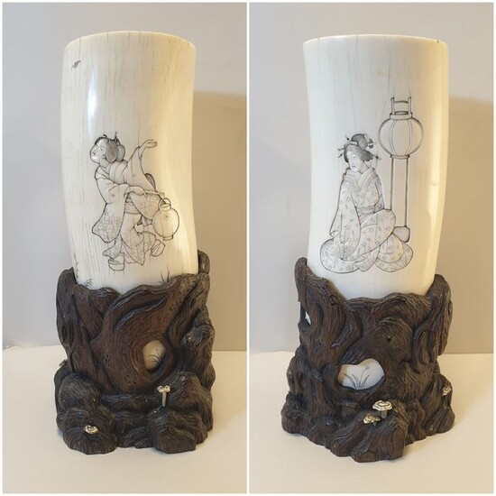 Vase (1) - Elephant ivory, Wood - Jar - Japan - Late 19th century (Meiji period)
