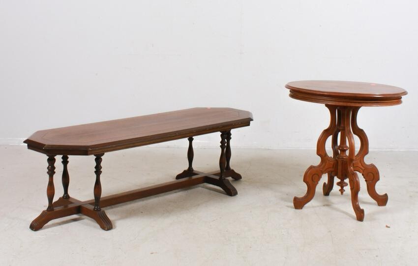 Victorian carved walnut lamp table, mahogany coffee