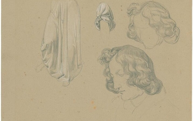 Vier Detailstudien: Kopf eines Mannes mit lockigem Haar im Profil nach links, Gewandstudie der Beinpartie einer stehenden Frau und Arm eines Mannes mit hochgekrempeltem Hemd.